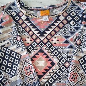 Ruby Rd. Women's Long Sleeve Geometric Top - Pink, Black, Cream.